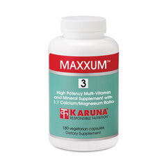 Karuna Maxxum Karuna 3 bottle front shows iron-free, high-potency multi-vitamin for daily wellness.
