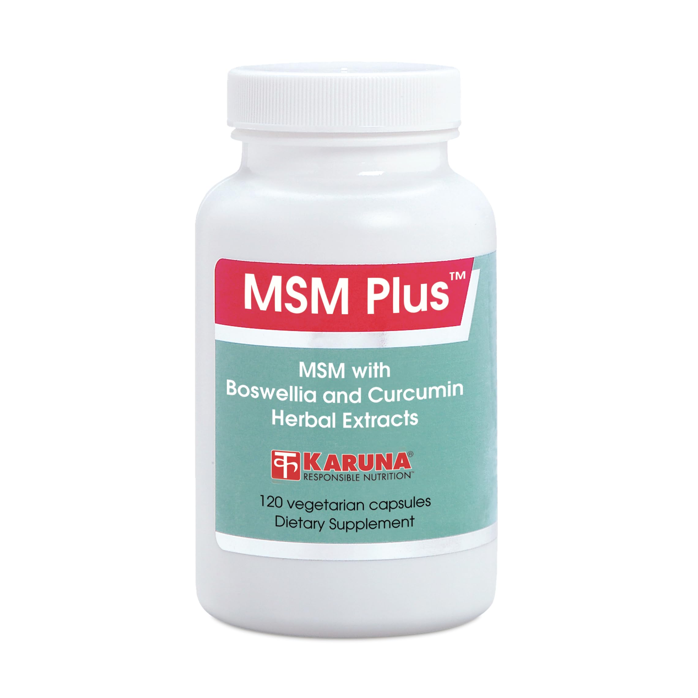 Karuna MSM Plus bottle cap closeup showing easy dosing and joint support.