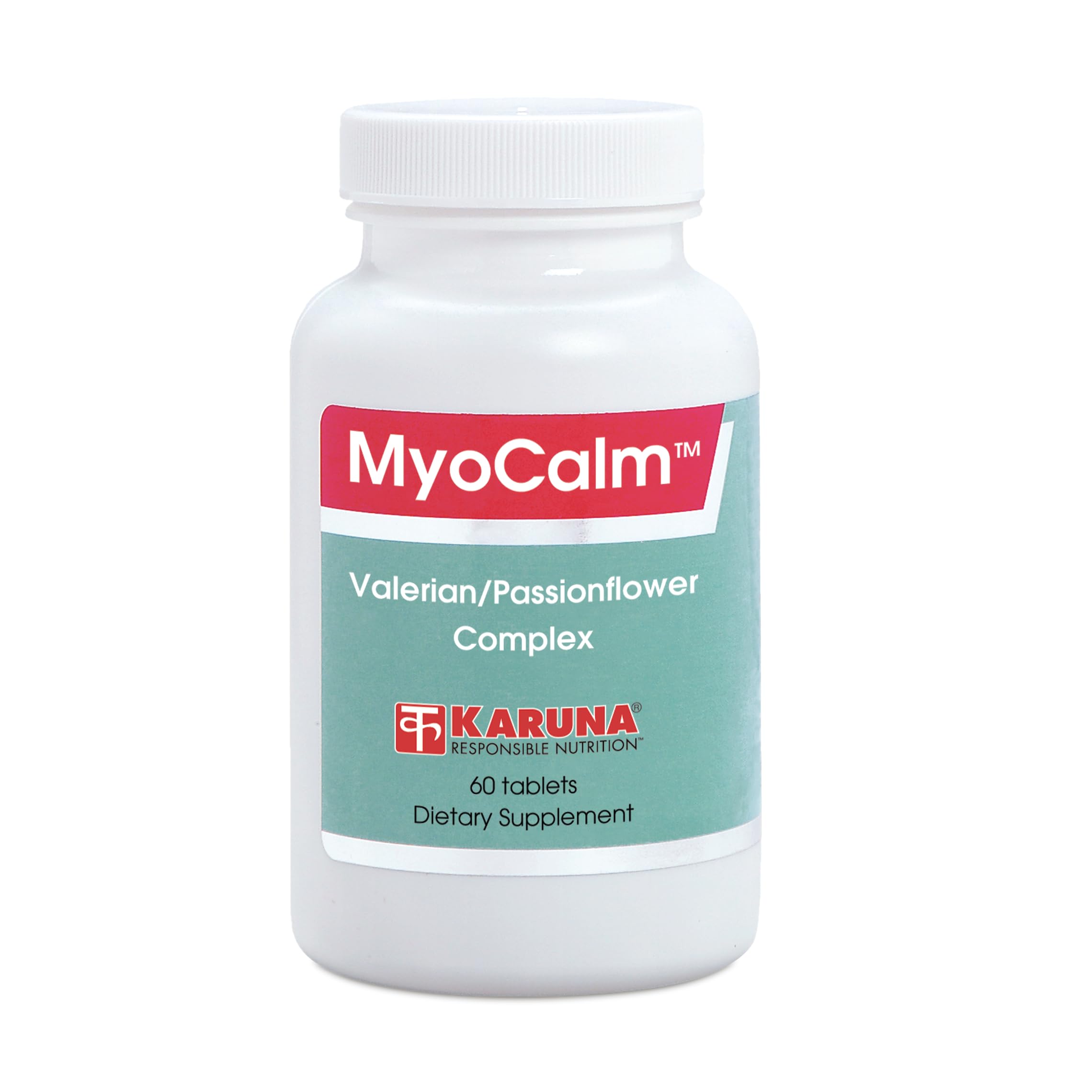Karuna MyoCalm bottle front showing the relaxing supplement for neuromuscular support.