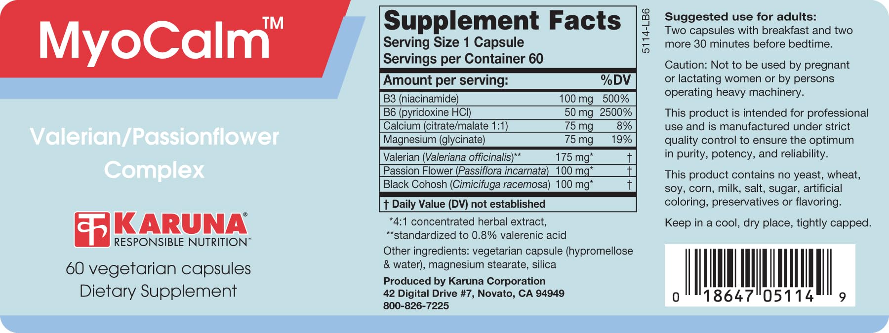Karuna MyoCalm label view indicating daily wellness support for calm evenings.