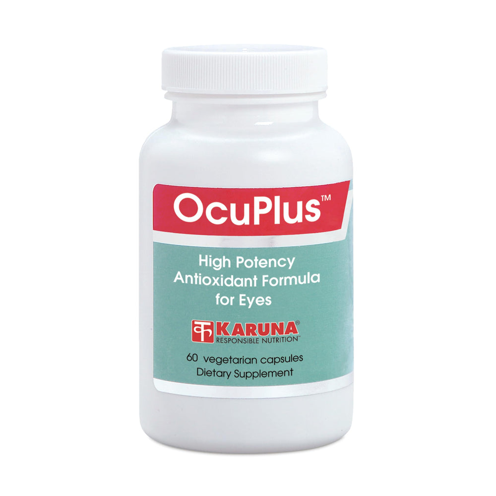 Karuna OcuPlus bottle front highlighting packaging for daily eye health support.