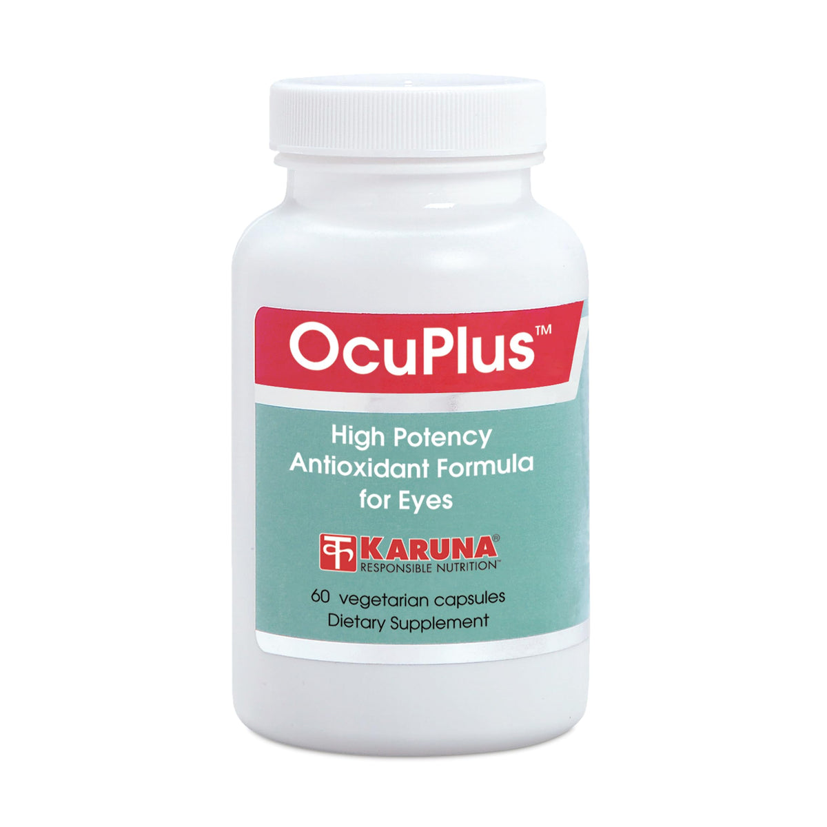 Karuna OcuPlus bottle front highlighting packaging for daily eye health support.