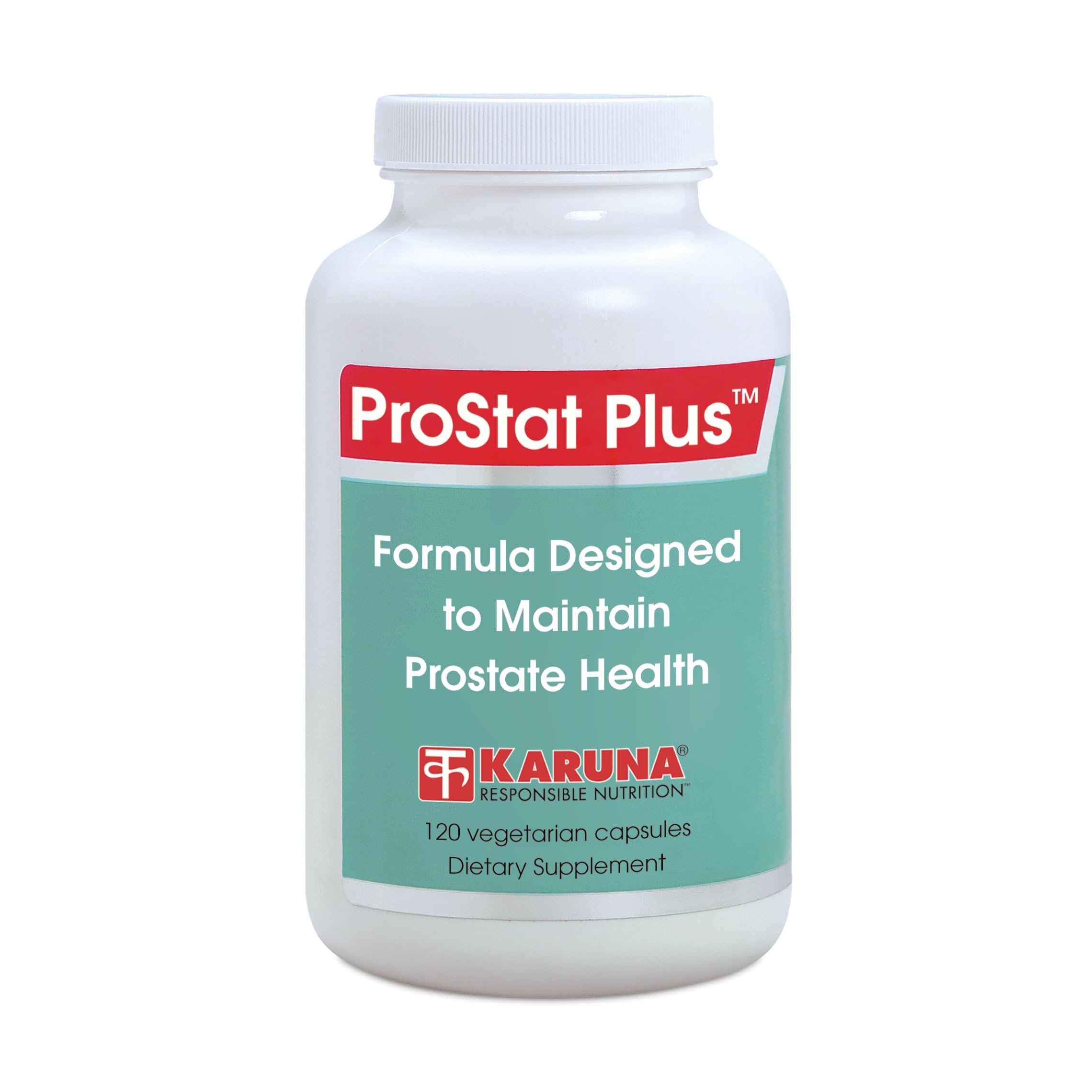 Karuna Prostate Plus bottle with capsules, vegetarian dietary supplement for daily wellness.