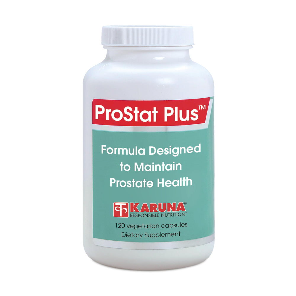 Karuna Prostate Plus bottle with capsules, vegetarian dietary supplement for daily wellness.