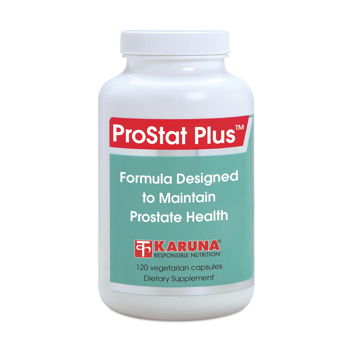 Karuna Prostate Plus bottle with capsules, vegetarian dietary supplement for daily wellness.