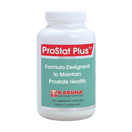 Karuna Prostate Plus bottle with capsules, vegetarian dietary supplement for daily wellness.