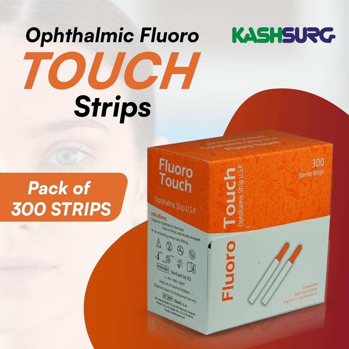 KASHSURG fluoro touch strip single pouch illustrates sterile, ready-to-use design for quick testing.
