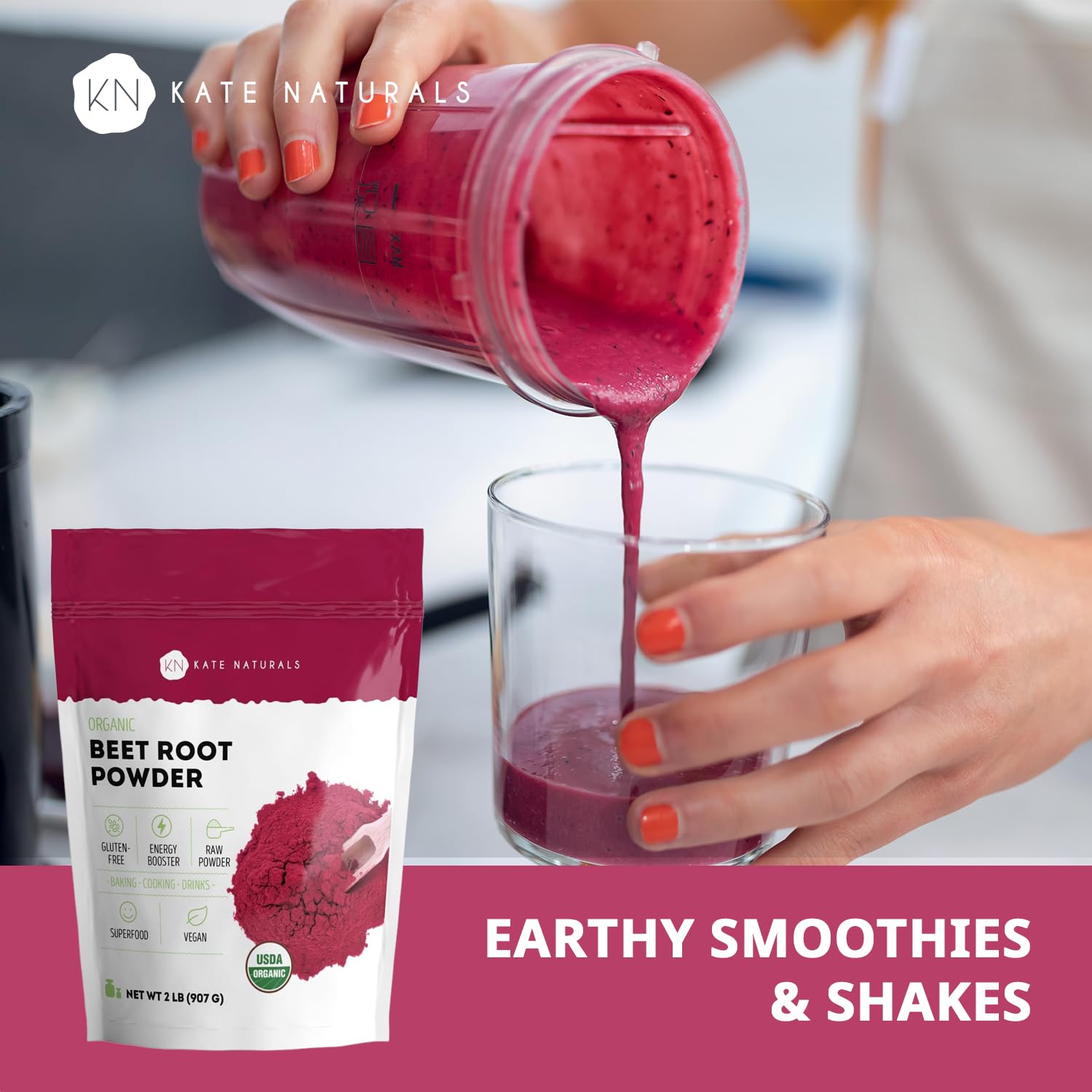 Kate Naturals beet root powder in a baking dish, natural red color for desserts.