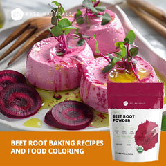 Close-up of Kate Naturals beet root powder, versatile vegan colorant for recipes.