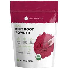 Kate Naturals beet root powder packaging highlights organic, non-GMO quality for daily use.