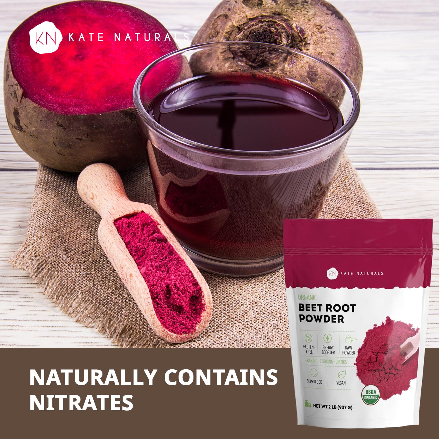 Kate Naturals beet root powder in a smoothie bowl, vibrant color and earthy flavor.