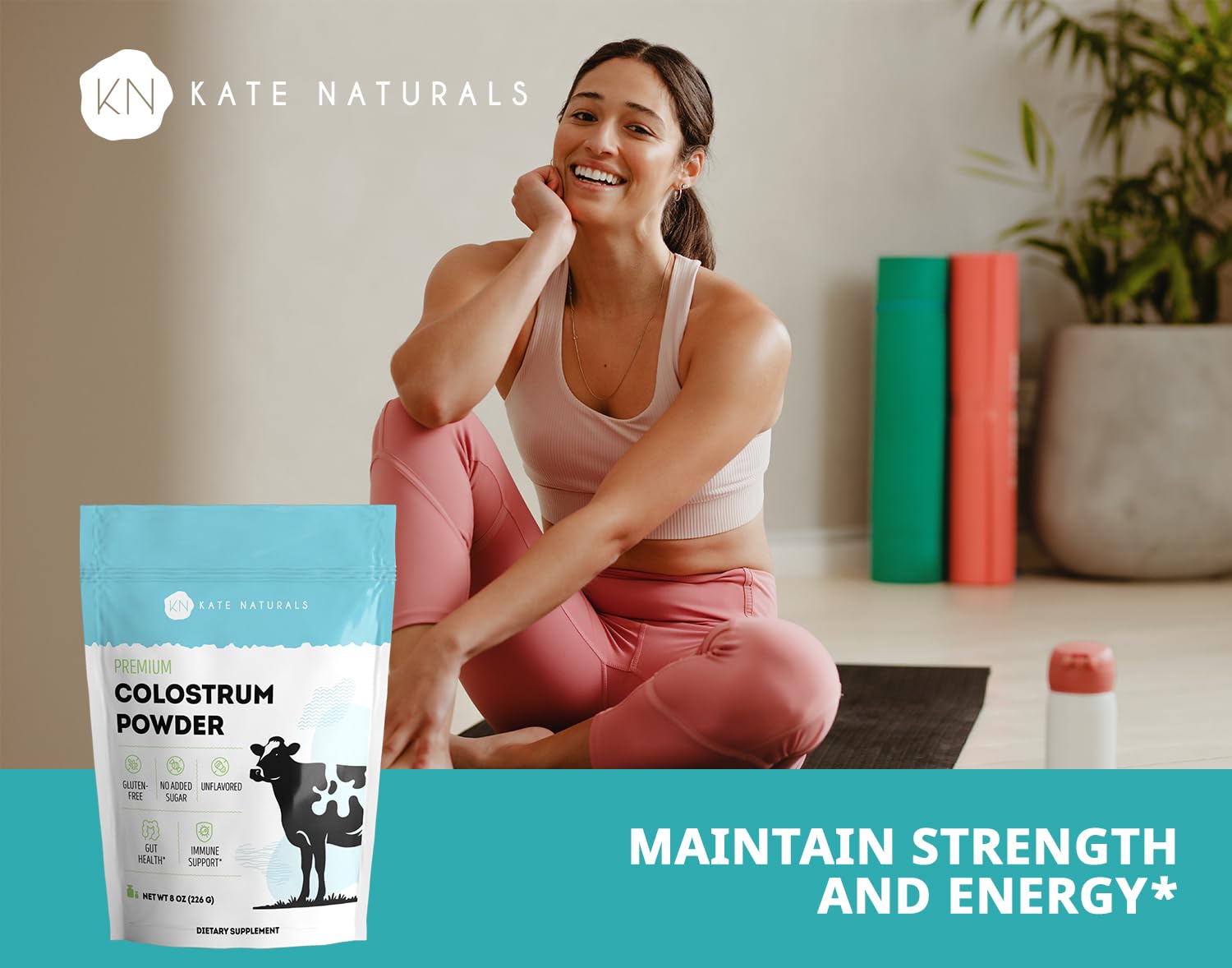 Label on Kate Naturals Colostrum powder highlighting gluten-free and sugar-free features.