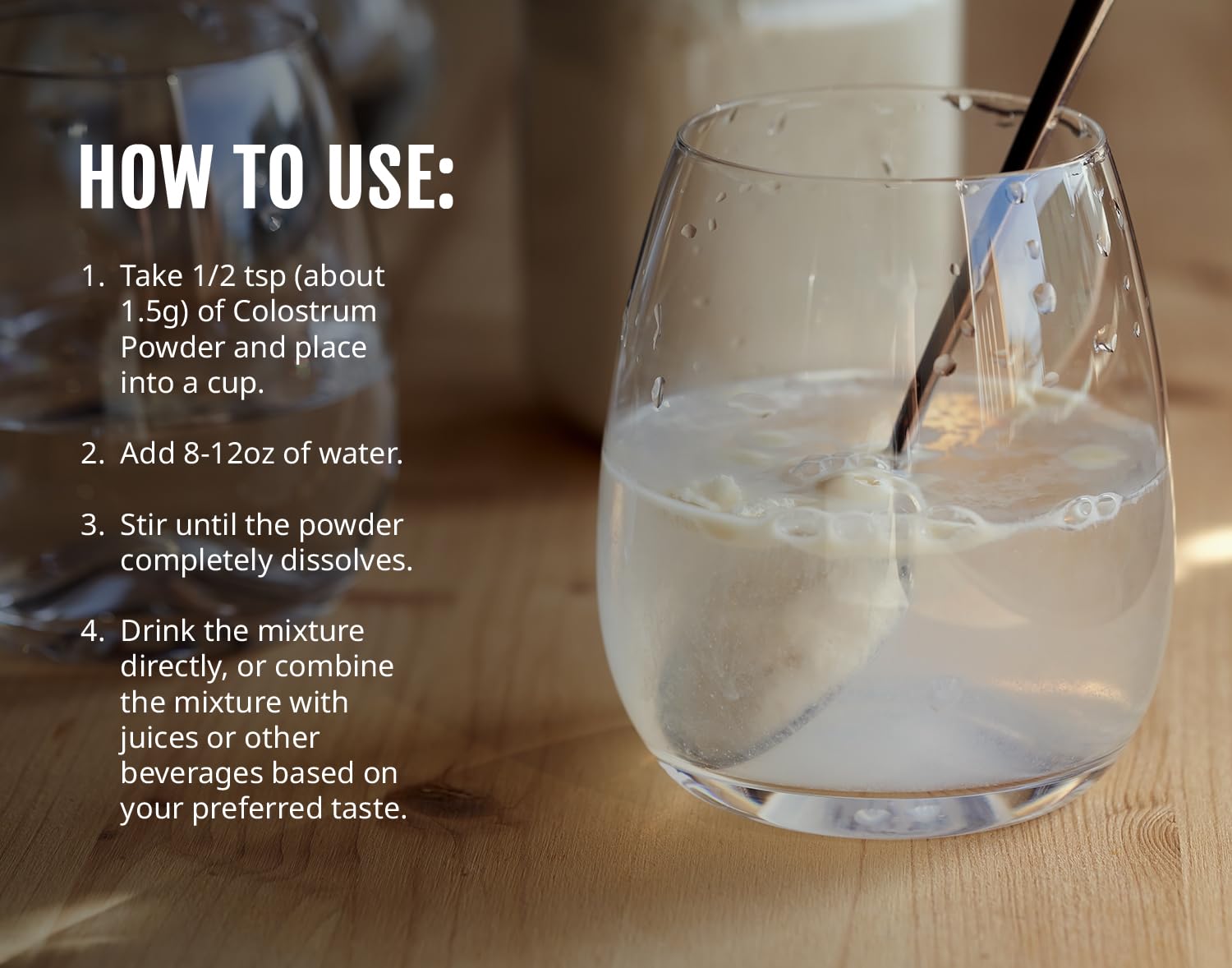 Kate Naturals Colostrum powder stirred into water for easy blending.