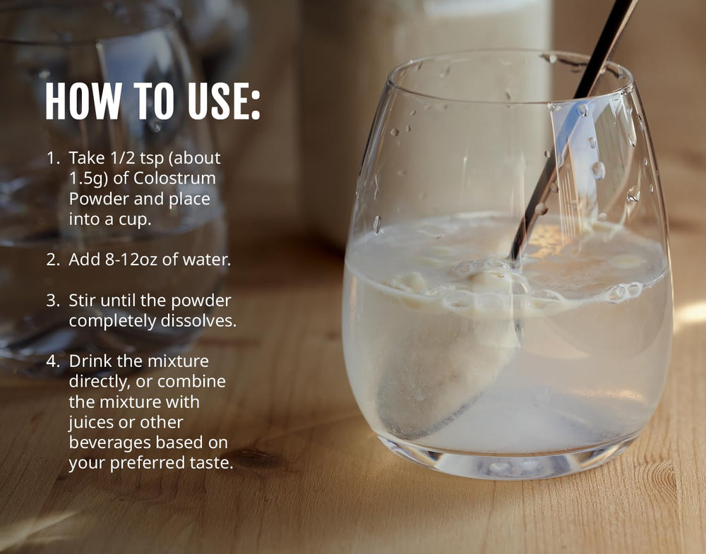 Kate Naturals Colostrum powder stirred into water for easy blending.