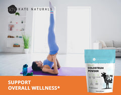 Pouring Kate Naturals Colostrum powder into a glass for a quick shake.