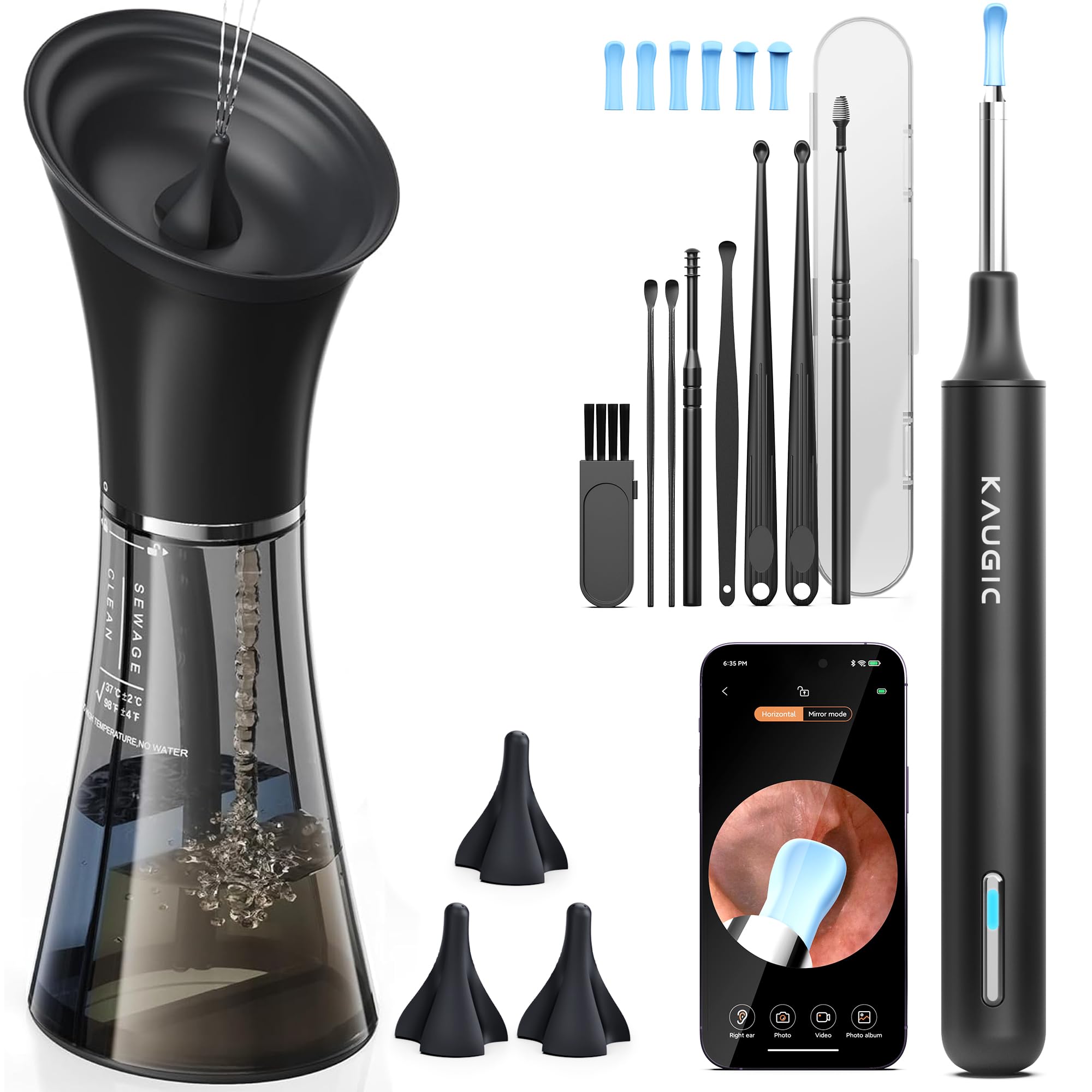 Kaugic ear wax removal kit with camera in use for guided cleaning