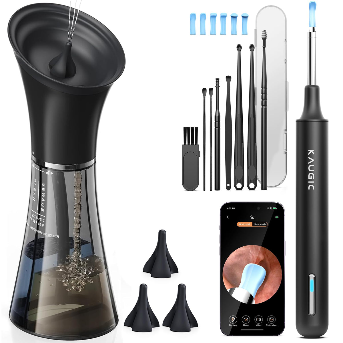 Kaugic ear wax removal kit with camera in use for guided cleaning
