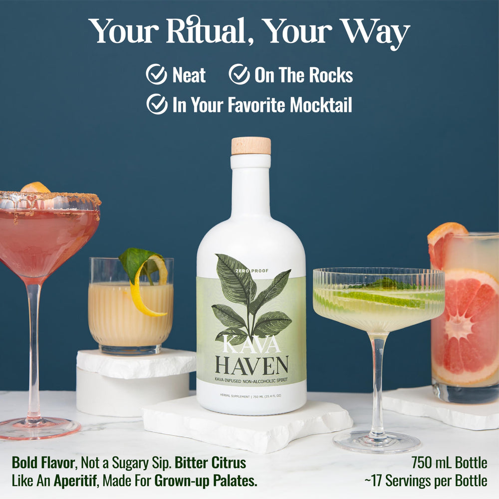 Kava Haven packaging highlighting gluten-free, zero-proof features