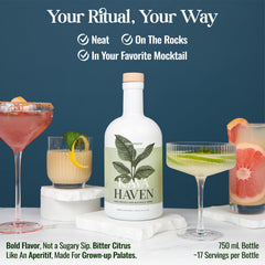 Kava Haven packaging highlighting gluten-free, zero-proof features