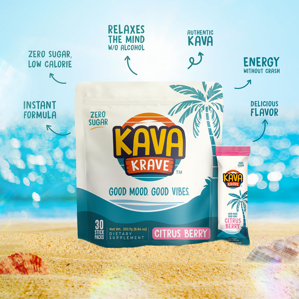 Kava Krave 30-pack display emphasizes long-term ritual for social moments.