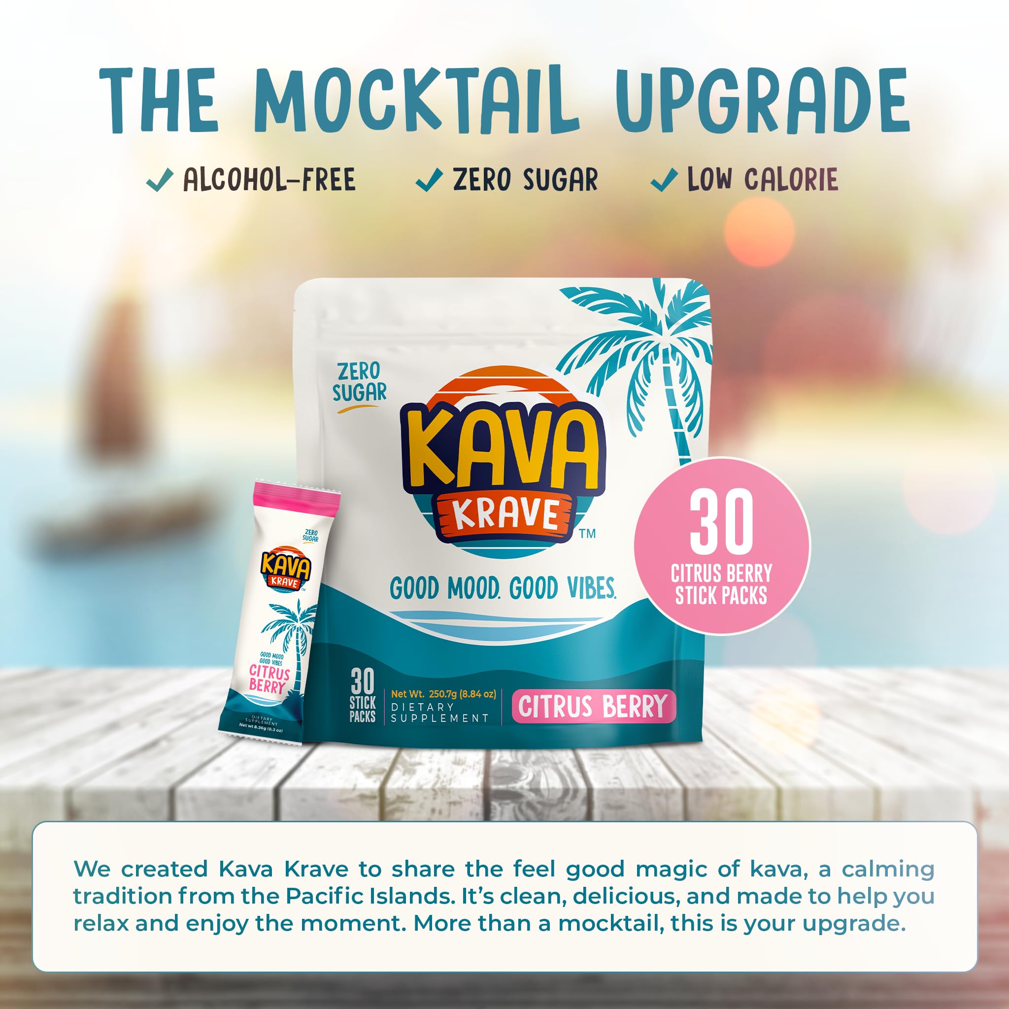 Kava Krave prepared drink in glass emphasizes refreshing citrus berry flavor.