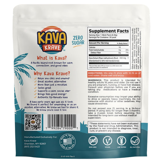 Kava Krave sachet opened showing ready-to-mix powder for quick hydration.