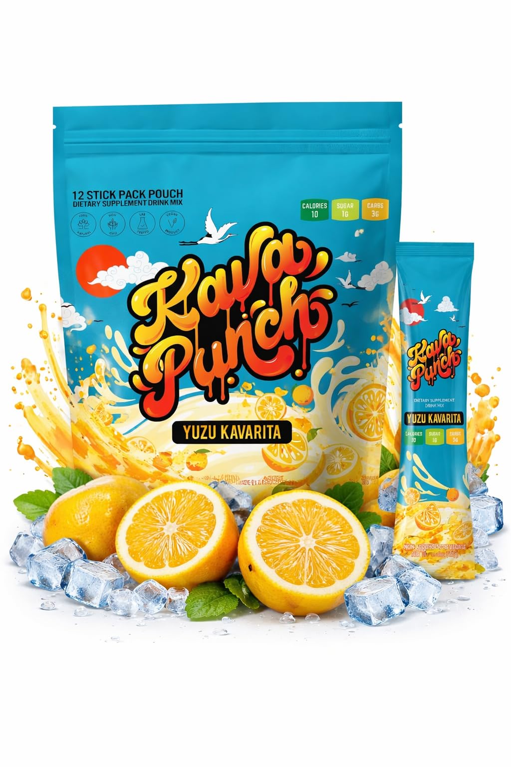 KAVA PUNCH yuzu kavrita pouch displaying convenient 12-serving packaging