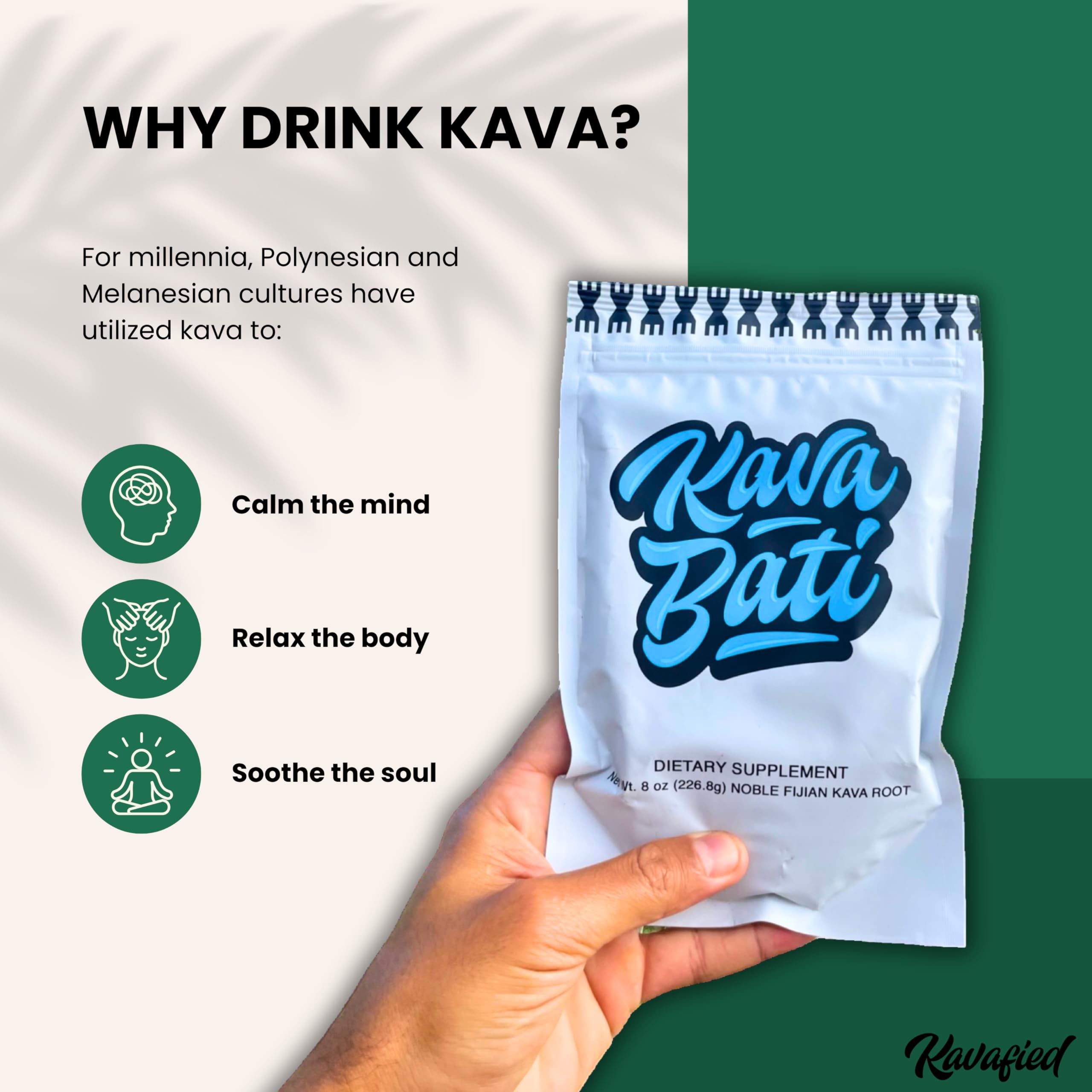 Kavafied KAVA BATI label detail with Fiji origin notes