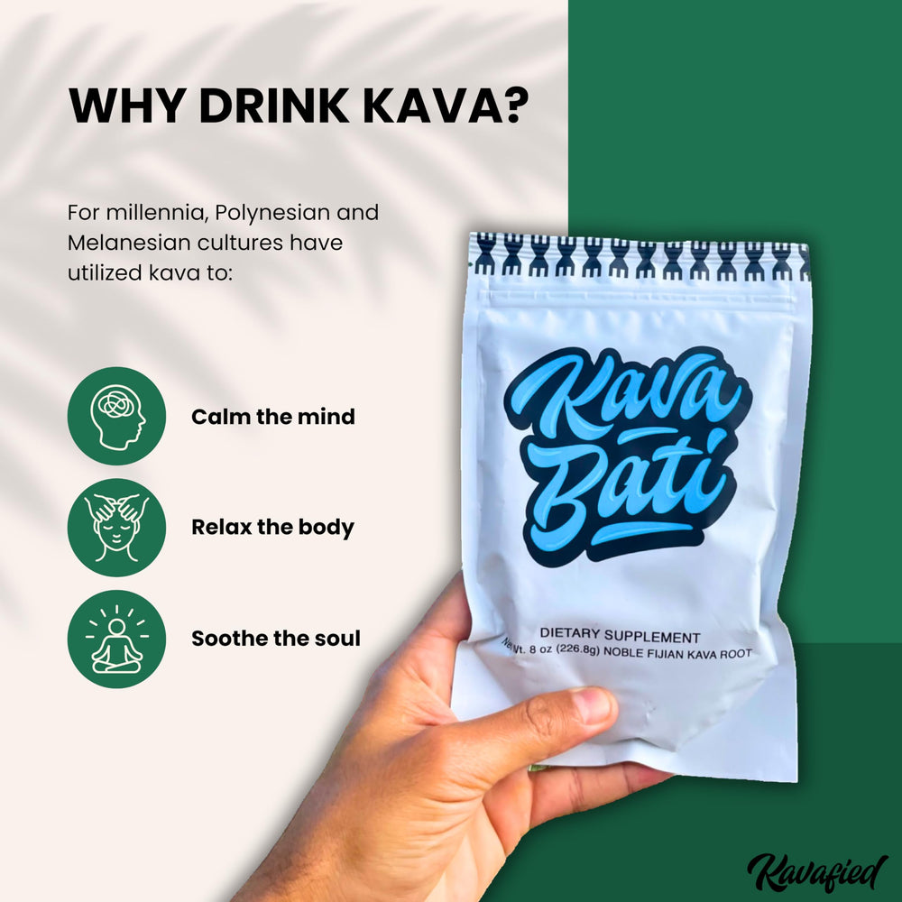 Kavafied KAVA BATI label detail with Fiji origin notes