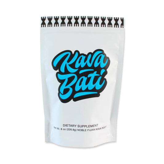 Kavafied KAVA BATI packaging closeup highlighting premium noble kava root