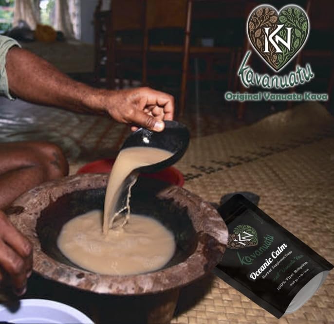 Kavanuatu 16oz kava powder bottle on kitchen counter.