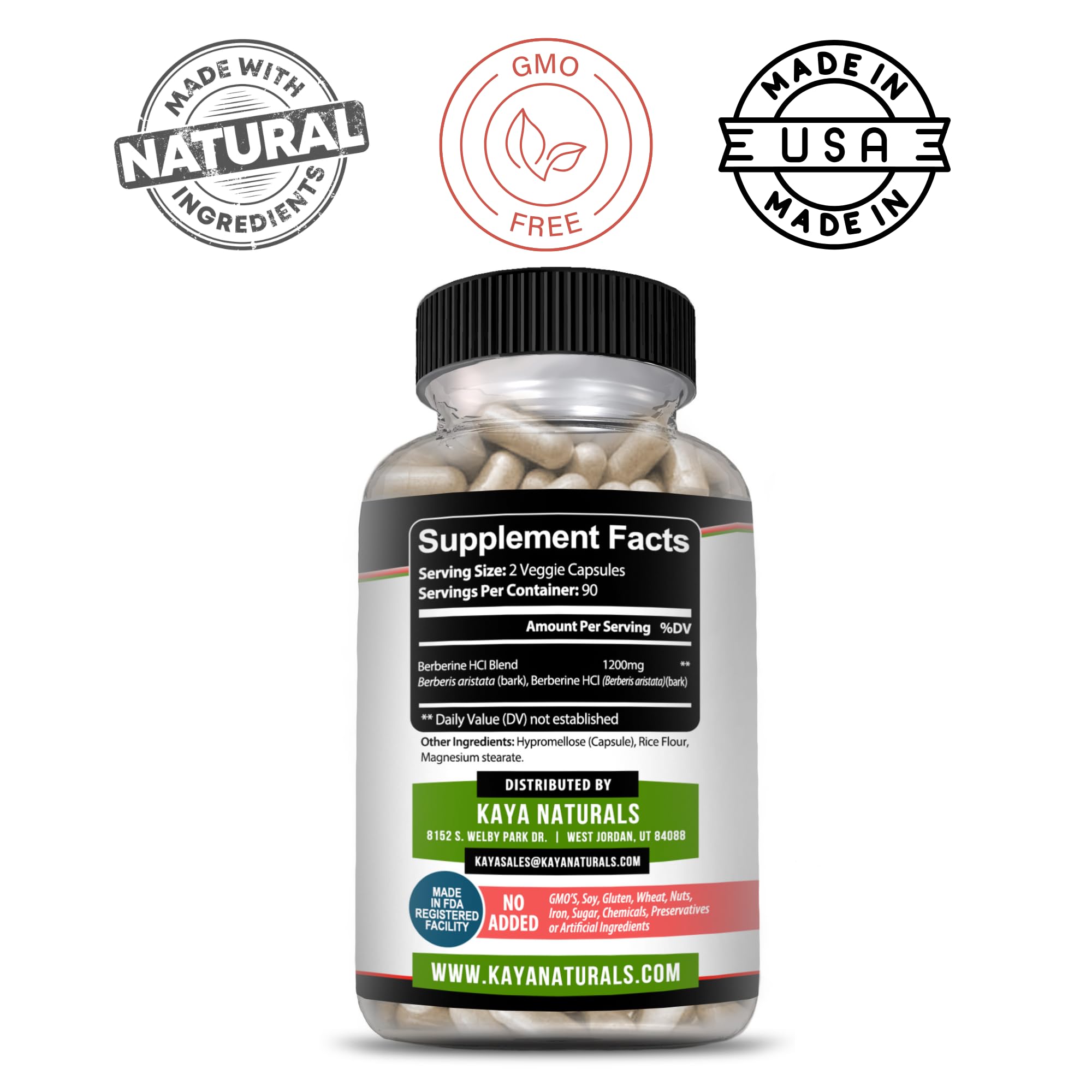 Kaya Naturals Berberine HCL label side view highlighting immune support.