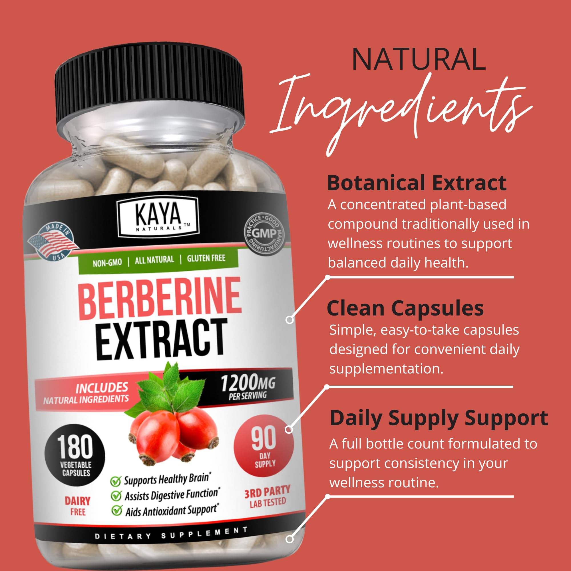 Kaya Naturals Berberine HCL packaging box showing USA-made and third-party tested.