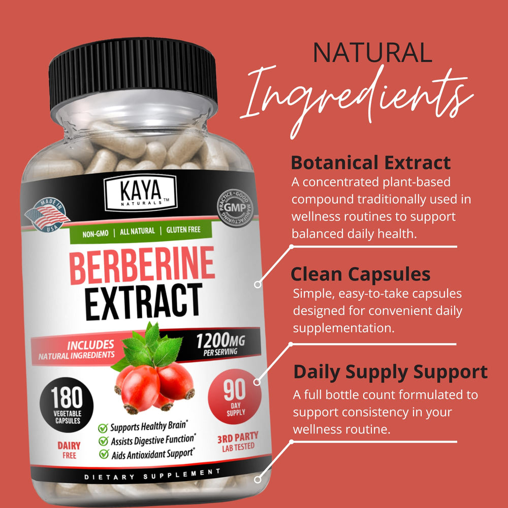 Kaya Naturals Berberine HCL packaging box showing USA-made and third-party tested.