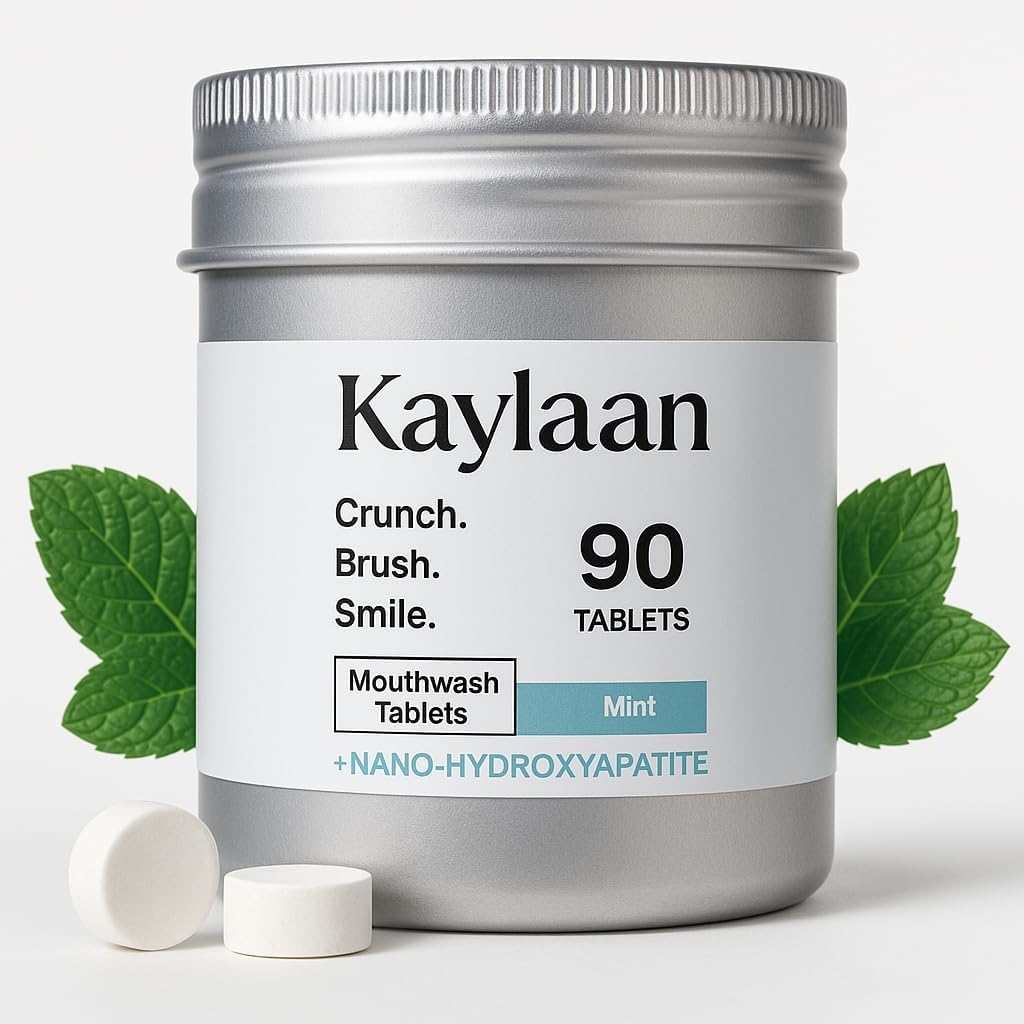 Kaylaan Mint Mouthwash Tablets in travel packaging emphasize fluoride-free, alcohol-free freshness for travel.