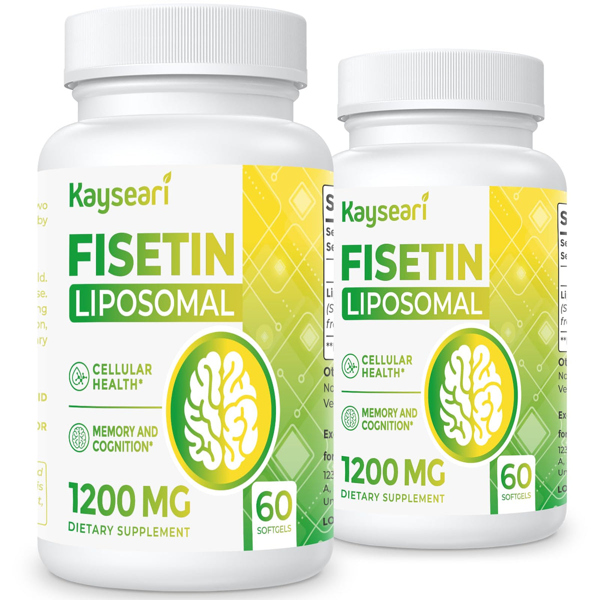 Kayseari Fisetin bottle showcasing liposomal capsules for brain support and antioxidant benefits.