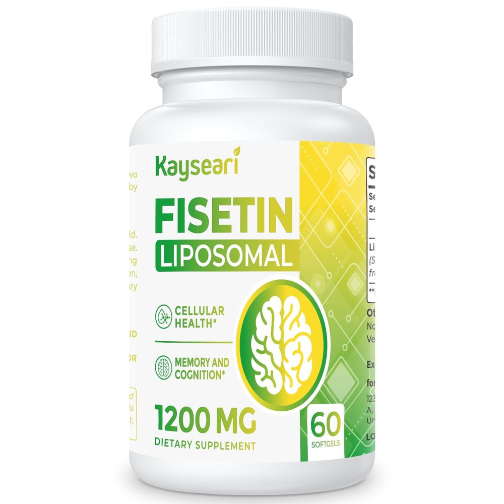 Kayseari Fisetin 1200mg liposomal bottle overview for purity and delivery.