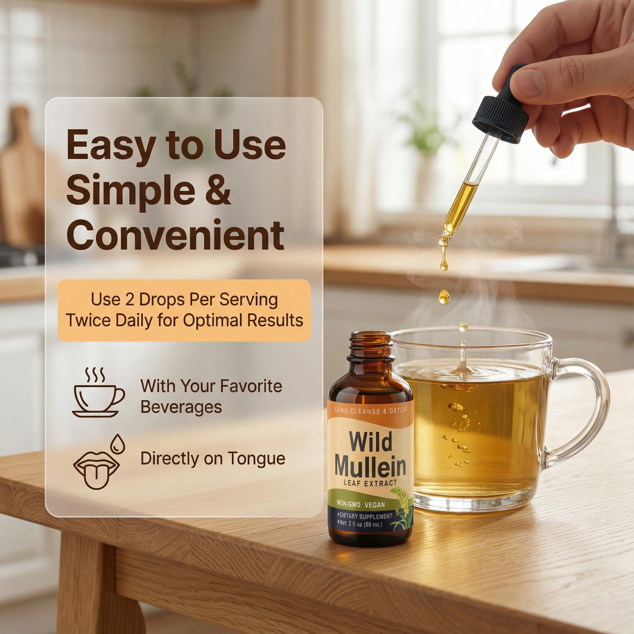 KBKTWOLT Wild Mullein Drops ingredient scene highlights natural botanicals for daily routines.
