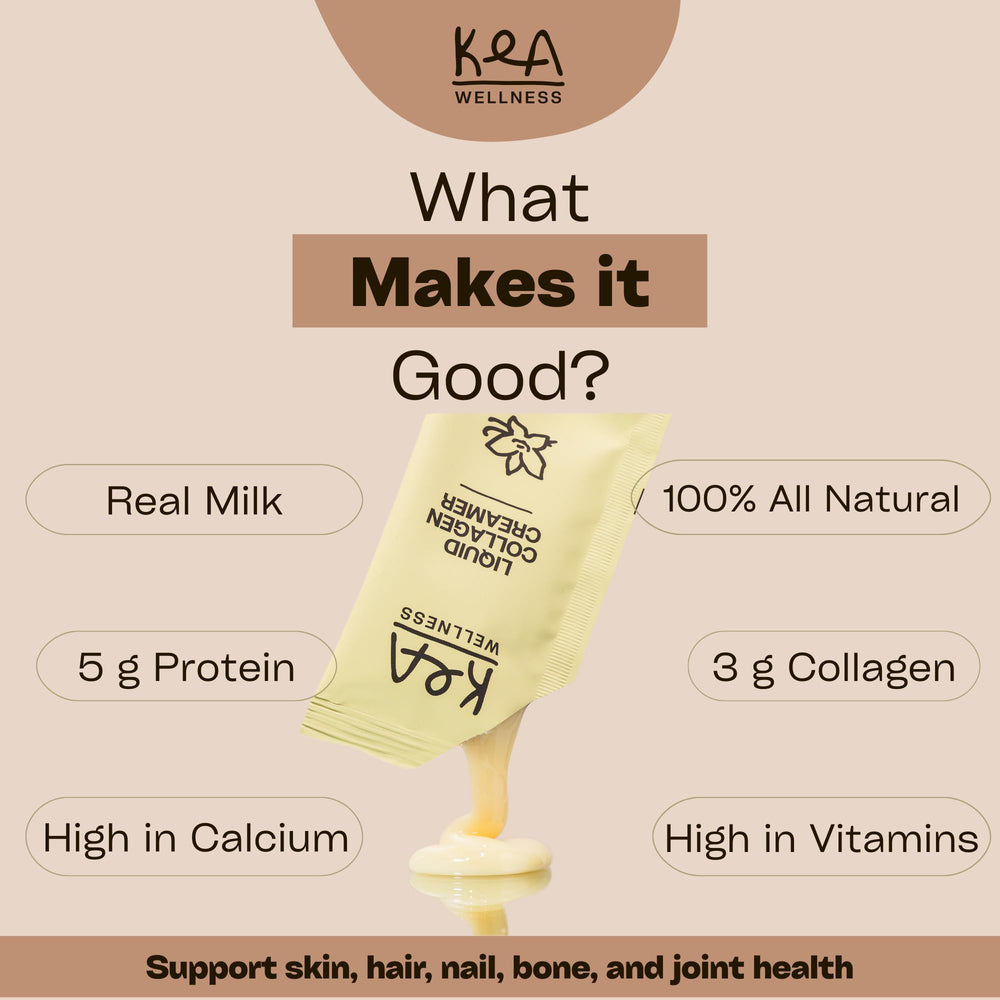 Kea Wellness collagen latte packets close-up highlighting quick mixability.