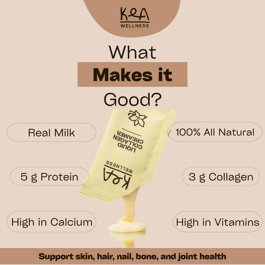 Kea Wellness collagen latte packets close-up highlighting quick mixability.