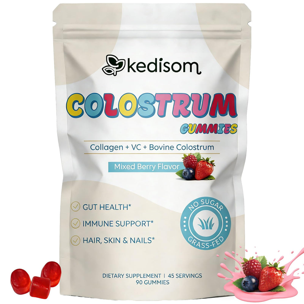 KEDISOM Colostrum Gummies bottle front showcases mixed berry flavor for daily wellness.