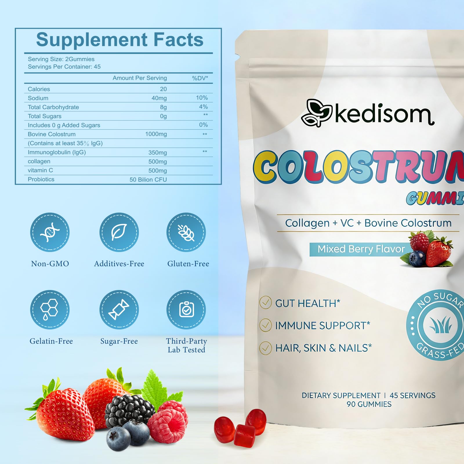 KEDISOM Colostrum Gummies label closeup emphasizes high-quality ingredients and purity.