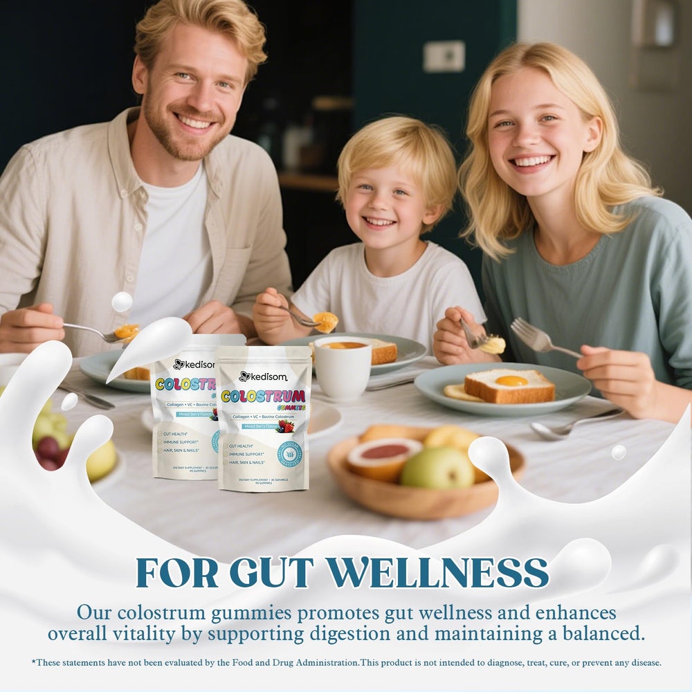 KEDISOM Colostrum Gummies mixed berry color suggests a tasty, sugar-free daily supplement.