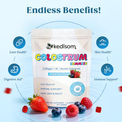 KEDISOM Colostrum Gummies on shelf in kitchen setting implies easy routine.