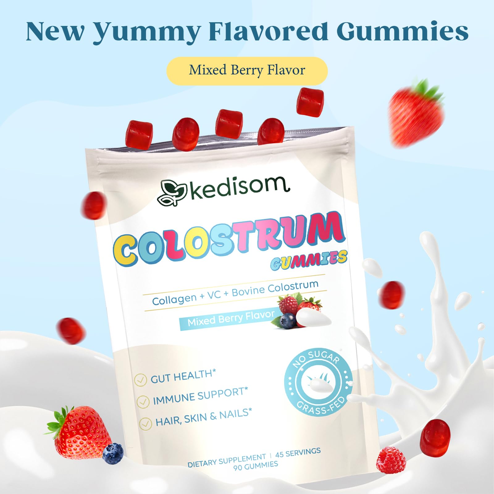 KEDISOM Colostrum Gummies with probiotic icon suggests digestive balance support.