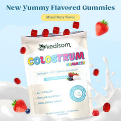 KEDISOM Colostrum Gummies with probiotic icon suggests digestive balance support.