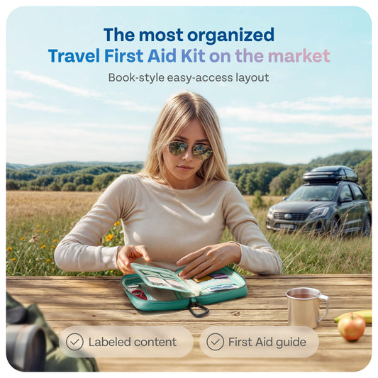 KeepGoing first aid kit contents including bandages and burn relief for easy handling.