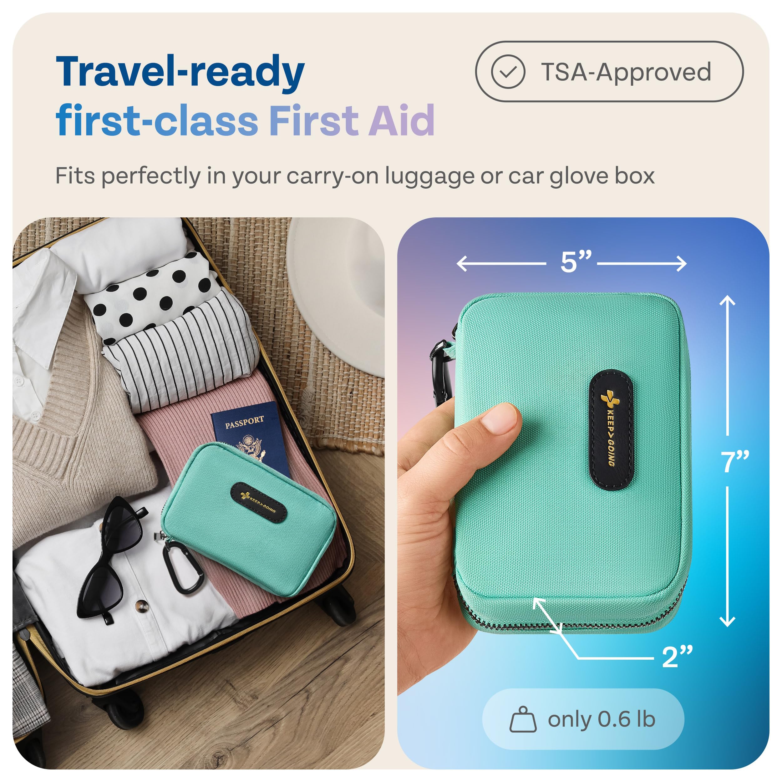 KeepGoing compact design supports travel with a TSA-friendly, portable kit.