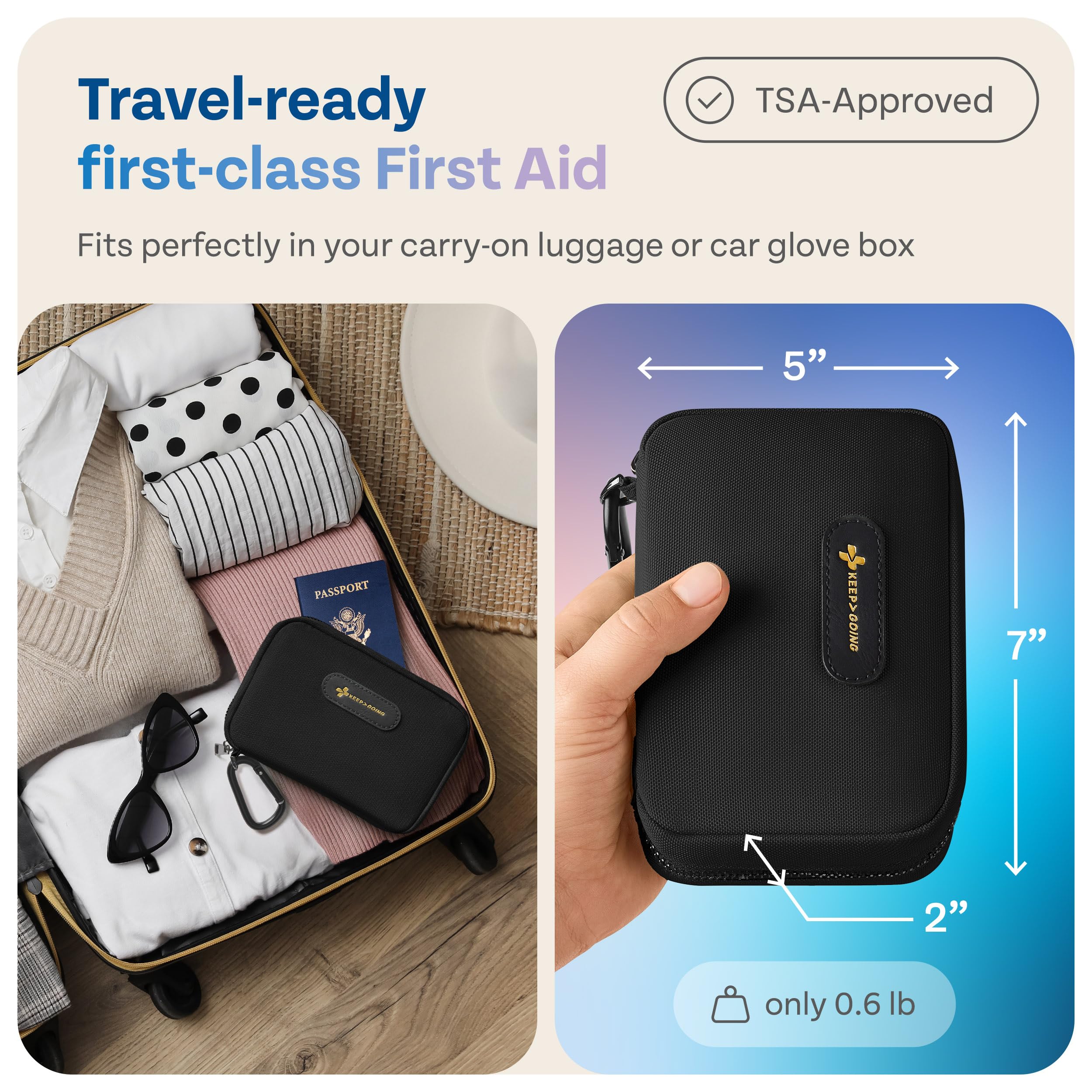KeepGoing's stain- and water-resistant case protects supplies during travel.