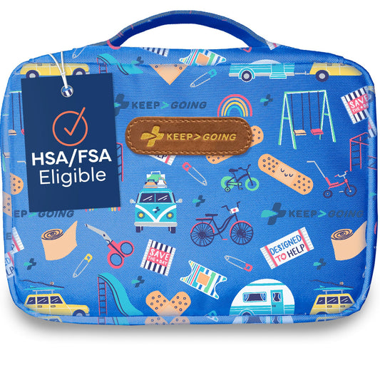 KeepGoing large first aid kit open case showing 270-piece contents for quick family care.